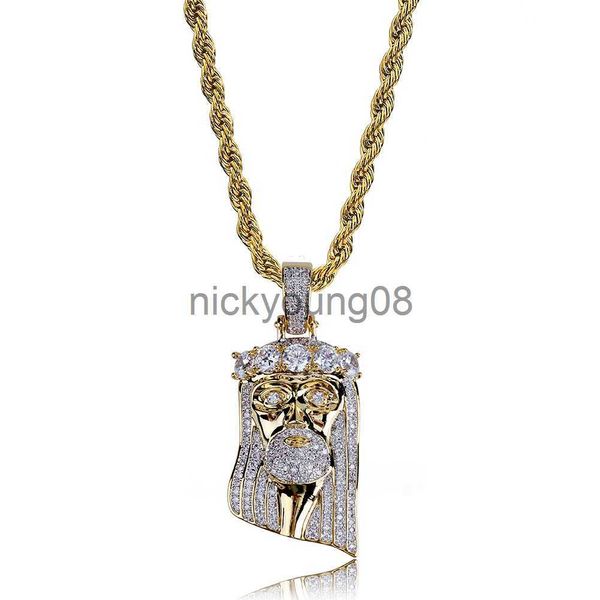 Collane con ciondolo Nuovo rame color oro placcato Iced Out Collana con ciondolo faccia di Gesù Micro Pave CZ Stone Gioielli Hip Hop Bling x0711