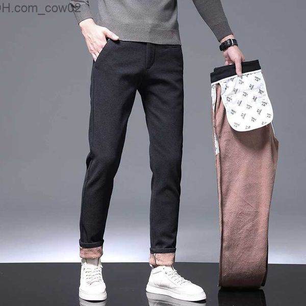 Jeans masculinos 2023 Winter Men's Warm Casual Pants Business Moda Slim Fit Elastic Grenos Cinzento Algodão Preto Lão Men Leggings Z230711