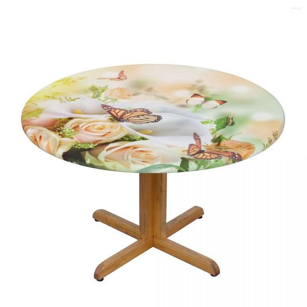 Toalha de Mesa 1Pc Toalhas de Mesa Impermeáveis Toalha de Mesa Redonda Elástica Rosas Amarelas Borboleta de Calla Capa Buquê Almofada de Café