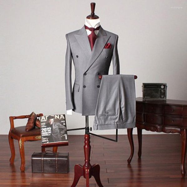 Ternos masculinos de dois seios formal casamento smoking 2 peças moda masculina cinza com lapela pontiaguda ajuste fino jaqueta masculina personalizada