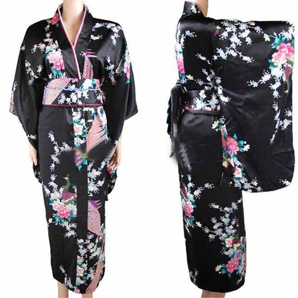 Roupas étnicas Arrival Preto Vintage Japonês Feminino Kimono Haori Yukata Vestido de Cetim de Seda Mujeres Quimono Peafowl Tamanho Único 302B