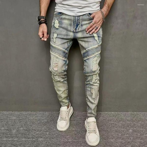 Мужские джинсы Мужчины разорванные плиссированные эластичные брюки хип -хоп брюки High Street Corean Patchwork Vintage Retro