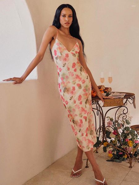 Abiti casual Moda rosa stampa floreale con scollo a V Pure Desire Girl senza maniche Halter Dress 2023 Summer Women Beach Sundress A2612