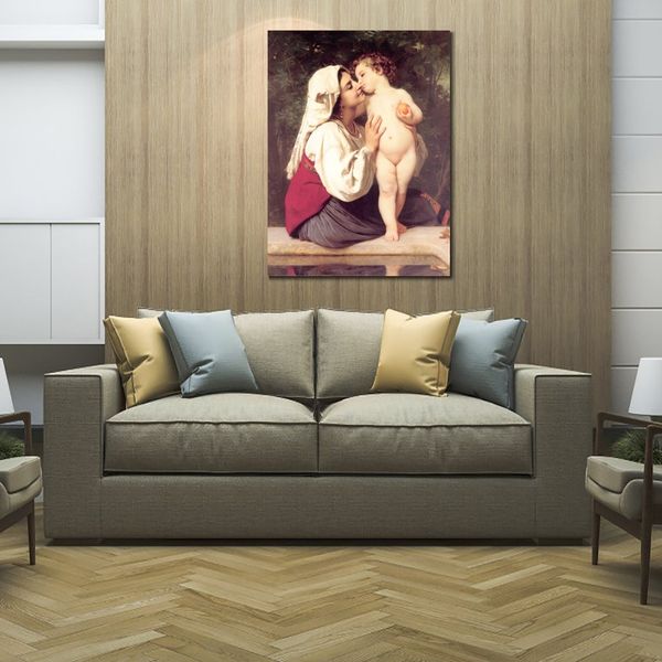 Weibliche Figur, Leinwandkunst, der Kuss, William Adolphe Bouguereau, berühmtes Gemälde, handgemaltes Kunstwerk, Wohnzimmerdekoration