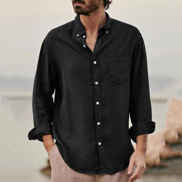 Camisas casuales para hombres 3XL Color sólido Suelta de un solo pecho Camisa de cuello alto de manga larga Diseño de un bolsillo de moda Ropa de hombre Algodón de otoño