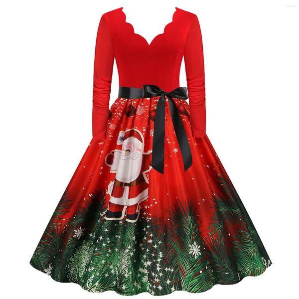 Vestidos Casuais Roupas de Inverno Feminino Hepburn Vestido de Natal Elegante Swing Robe Festa Noite 1950 1960 Vintage Pai Natal Vestidos Laço