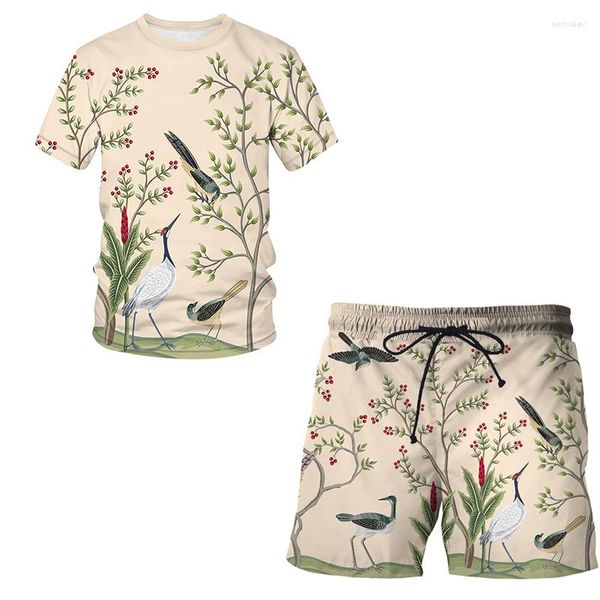 Chándales de hombre Impreso 3D Flor Pájaro y planta Ilustración Camiseta Pantalones cortos Conjuntos de playa Transpirable Manga corta Hombre Casual Traje de calle