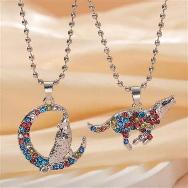 Colares com pingente bling cheio de colorido cristal animal colar brilhante run lobo lua crescente grânulos corrente gargantilha para mulheres meninas jóias presente