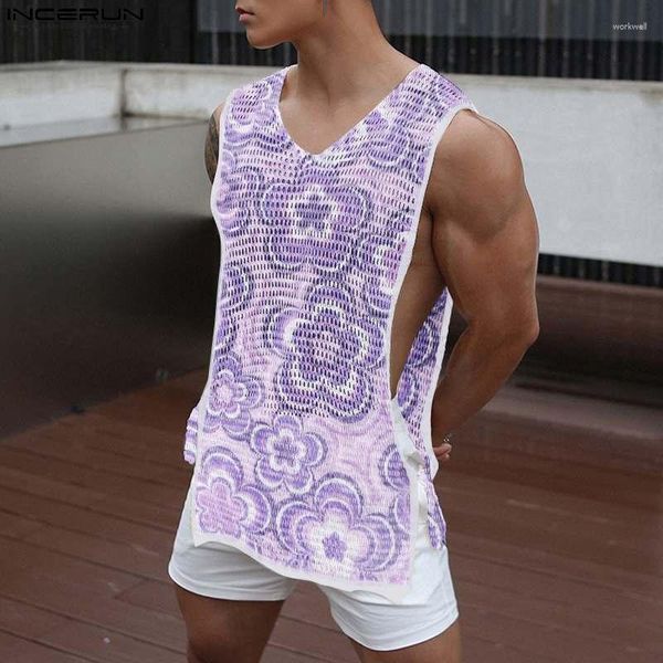 INCERUN Männer Tank Tops Männer Blume Drucken Mesh Transparent Sexy Spitze Up V-ausschnitt Aushöhlen Ärmellose Männliche Westen Streetwear kleidung INCERUN