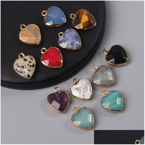 Charms Natural Tiger Eye Stone Amethysts Pendant Heart Shape Metal Colar Brinco Charme para fazer joias Drop Delivery Findings Dhikh