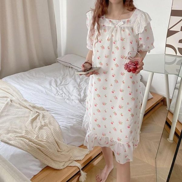 Женская одежда для сна сладкая розовая цветочная летняя ночная рубашка Женская корейская длинная кружевная лоскутная лоскутная ночная одежда с коротким рукавом Kawaii Nightress