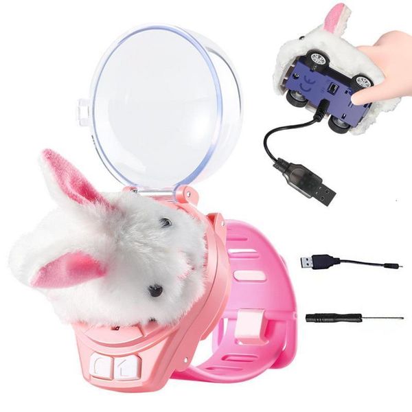 Electric RC Animals RC Car Kids Forist Watch 2 4 ГГц мини -дистанционное управление USB Electric Plush Bunny Съемный с задними фонарями 230711