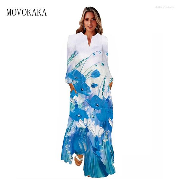 Abiti casual MOVOKAKA Abito a maniche lunghe autunno inverno Donna Fiori da spiaggia larghi Stampati Donna elegante Festa vintage