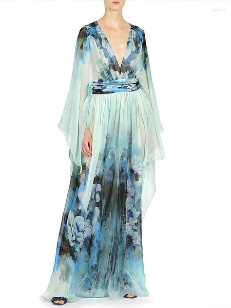 Vestidos casuais Passarela Moda Estampa floral Chiffon Vestido Longo Maxi Feminino 2023 Outono Férias Vestidos Elegante Manga Completo Boho Beach Robe