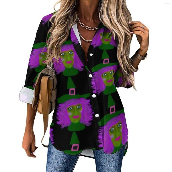 Женские блузки милая хэллоуинская ведьма свободная блузя мультфильм из мультипликации классический негабаритный женский рубашка с длинным рукавом весенняя дизайн одежда