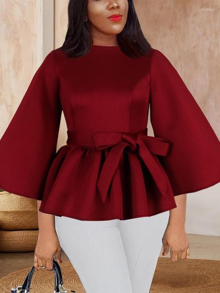Kadın bluzları Kadınların Üstleri Gömlekler Uzun Parlama Kolları Peplum O Boyun Bel Kemeri Zarif Sonbahar 2023 Moda Bluas Afrikalı Kadın