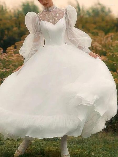 Abiti casual Manica a bolle Francia Abito vintage Donna Bianco Matrimonio Sera Festa Femminile Tulle Retro Elegante Fata Estate 2023