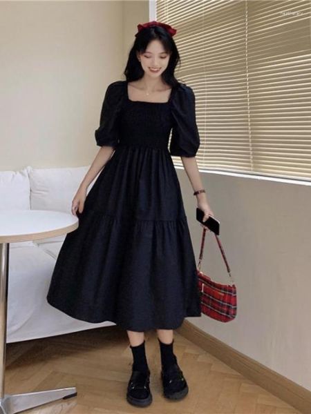 Casual Kleider Elegante Vintage Kleid Frauen Schwarz Kurzarm Mid-Kalb Quadrat Kragen Puff Koreanische Mode Sommerkleid