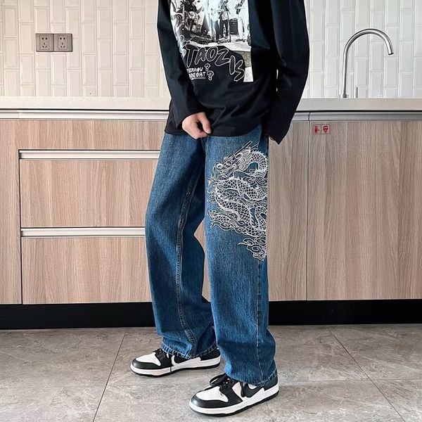 Herren Jeans Mode Drachen Stickerei Tasche Männer Gerade Jeans Hosen Y2K Kleidung Hip Hop Lose Breite Bein Denim Hosen Seil hombre 230710