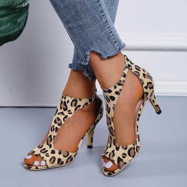2023 nuova moda estiva pesce a spillo sexy tacchi alti da donna plus size borsa stampa leopardo punta chiusa sandali tacco alto L230704