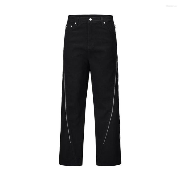 Jeans Masculino Y2K Vibe Style Curve Zipper Straight Baggy Cargo Pants Hip Hop Calças Casuais de Cor Preta Macacão Unissex de Perna Larga