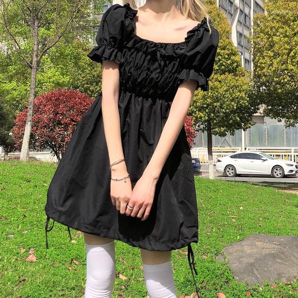 Partykleider Sommer Kawaii Soft Girl Lolita Kleid Süße quadratische Kragen Schleife Puffärmel Vintage Kordelzug Schwarz Falten Mini Frauen