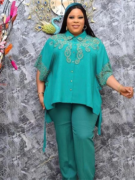 Roupa étnica Plus Size África Mulheres Tops Calças Conjunto de Duas Peças Vestido de Festa de Casamento Dubai Turquia Escritório Senhoras Camisa Calça Terno