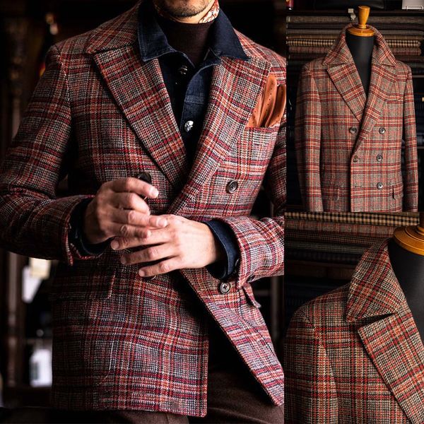 Ternos masculinos blazers xadrez vermelho roupas masculinas jaqueta personalizada fraque casaco de lã de inverno com seios duplos vestido de baile noivo cintura 230710