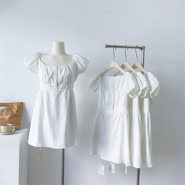 Partykleider für Damen, niedlich, Sommer, Puffärmel, weißes Minikleid, kurz, quadratischer Ausschnitt, einfarbig