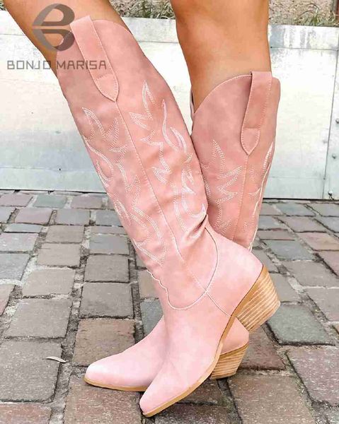 Stivali Stivali alti al ginocchio occidentali ricamati per le donne Rosa Cowboy Cowgirl Scarpe moda 2022 Vendita calda Popolare Slip On White Girls L230712