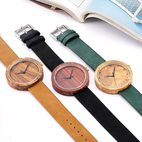 Relógios de pulso de madeira natural para homens e mulheres, relógio de pulso de madeira, pulseira de couro de vaca, masculino, feminino, quartzo, relógio masculino, relógio masculino