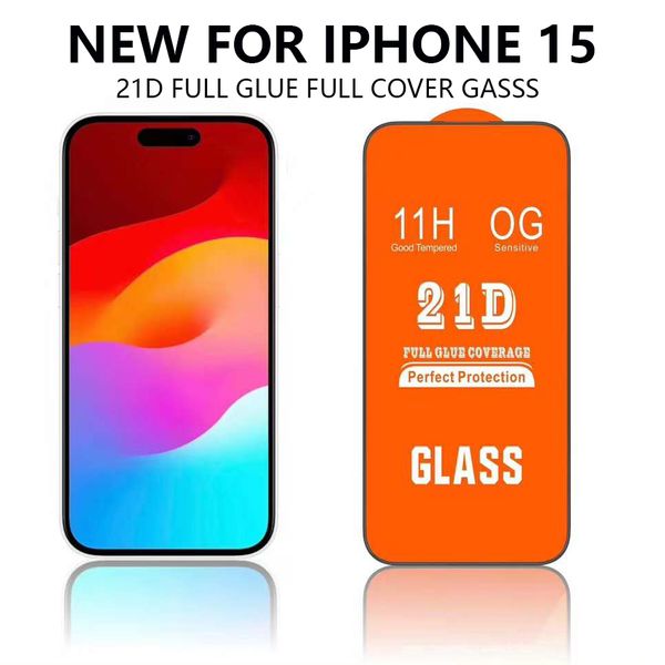 Protezione dello schermo del telefono in vetro temperato a copertura totale 21D Plus per iPhone 15 14 13 12 11 PRO MAX mini XR XS 6 7 8 Samsung A12 A13 A33 A53 A73 vetro iphone15