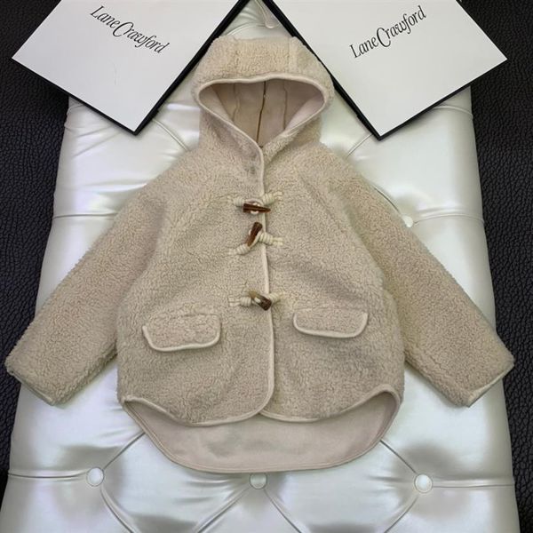 Chegada nova inverno bebê meninas casaco de cordeiro crianças menina roupas ao ar livre velo quente casacos com capuz245n