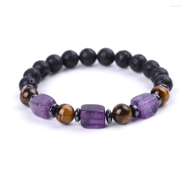 Strand Fashion Ametista String Hand Rectangle Per donna Uomo Natural Tiger Eye Stone Beads Gioielli Yoga Bracciali con agata olio essenziale