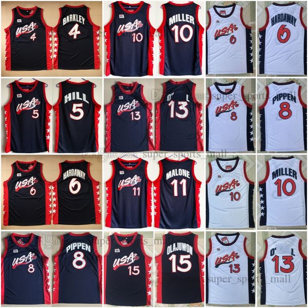 1996 Maglia retrò Maglia da basket 15 Olajuwon 4 Barkley 5 Hill 11 Malone 8 Pippen 6 Maglia cucita Hardaway Bianco Blu Uomo XS-2XL