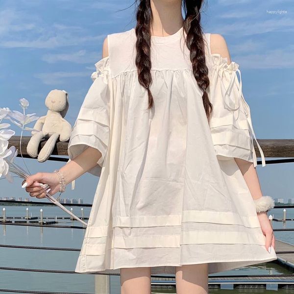 Parti Elbiseleri Yaz Elbise Kadınlar 2023 Gevşek Omuz Bir Çizgi Kısa Kol Dikiş Beyaz Mii Vestido Tatlı kız gibi stil sundresses