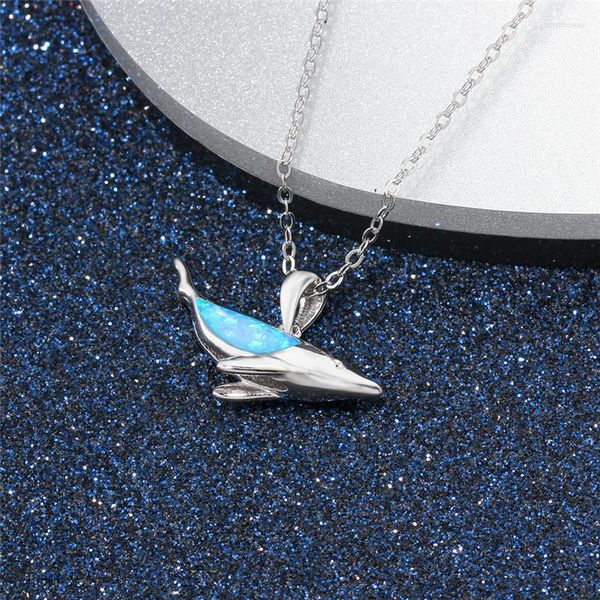 Colares com Pingente Bonito Fêmea Baleia Azul Colar Clássico Corrente Cor Prata Fogo Opala Pedra Animal Para Presente Feminino