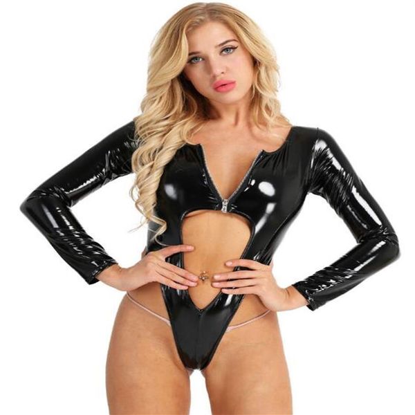 Wetlook-Body für Damen, Nachtclubkleidung, Lack-PVC-Kunstleder, Reißverschluss vorne, aushöhlen, hoher Beinschnitt, Tanga-Trikot-Body, Jumpsui255E