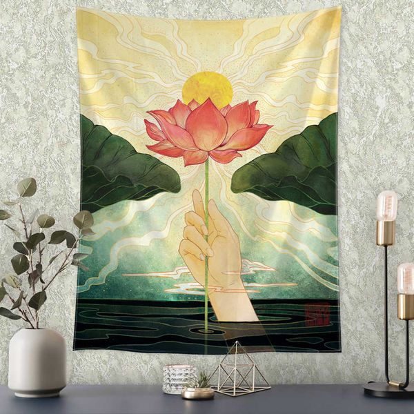 Camess Lotus Sunset Yağlı Boya Goblen Duvar Asma Stili Büyücülük Sanat Ev Dekor