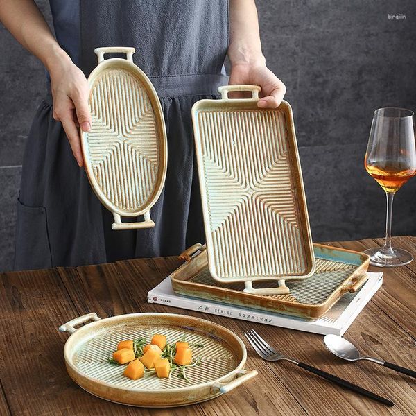 Тарелки с двойным ухом Западная столовая домашняя керамическая прямоугольник Микроволновая печь жареная глазированная заклятая блюда