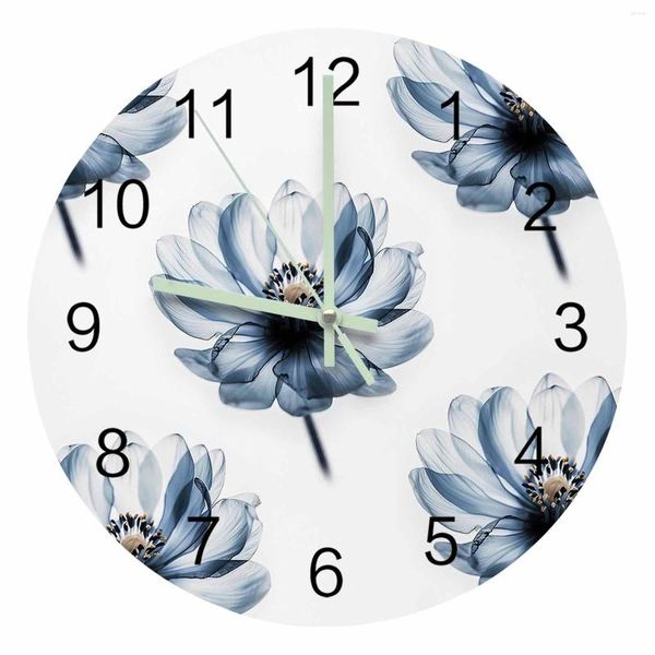 Orologi da parete Fiori blu Orologio con puntatore luminoso Ornamenti interni per la casa Rotondo silenzioso per soggiorno Camera da letto Arredamento per ufficio