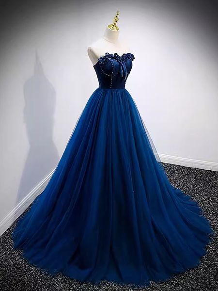 Abendkleid Marineblau Lange Abendkleider 2023 Schatz-Schnürung hinten Sweep-Zug