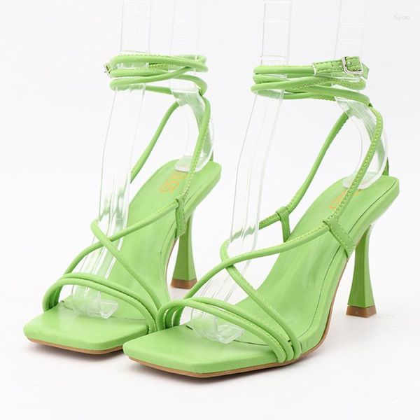 Sandálias 2023 Verão Marca Feminina 9 cm Salto Alto Tiras Dedo Aberto Stripper Verde Sapatos Gladiador Com Cadarço Plus Size