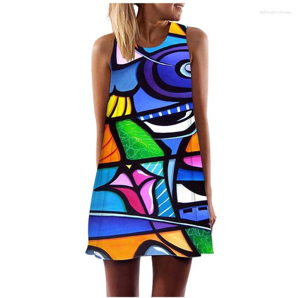 Freizeitkleider Sommer Damen Tank Top Kleid Abstrakter Gesichtskunstdruck O-Ausschnitt Ärmellos Mini Lose Schatz A-Linie