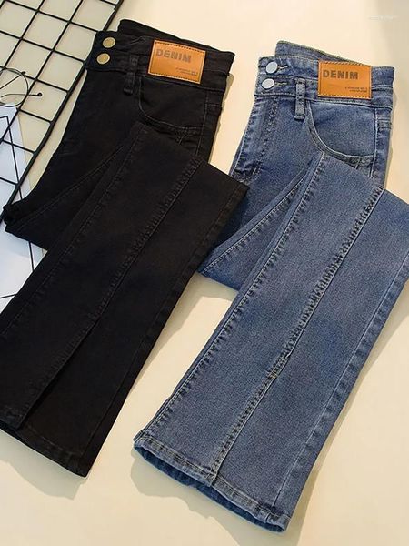 Jeans Feminino Moda Coreana S-4xl Botões Duplos Garfo Sino Primavera Outono Calças Jeans Cintura Alta Clássico Calças Femininas Lavadas