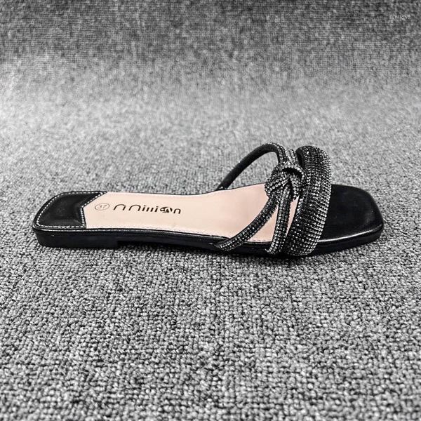 Sandali Pantofole da festa sexy Moda donna Slip-On con strass PU piatto con scarpe Zapatos Mujer in stile giapponese nere