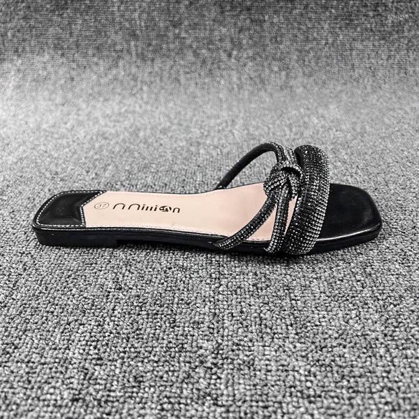 Sandalen Sexy Party Hausschuhe Frauen Mode Strass Slip-On PU Flache Mit Japanischen Stil Zapatos Mujer Schuhe Schwarz