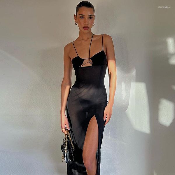 Abiti casual Zoctuo Mesh Nero senza maniche Backless Hollow Out Fessura See Through Sexy Slips Maxi Dress Summer Women Beach Vacation Clothes