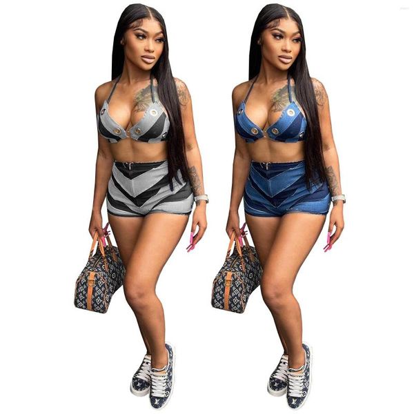 Fatos de Treino Feminino Casaul Fato de Treino Feminino Conjunto de Duas Peças Fashion Patchwork Summer Streetwear Vintage Bra Crop Top E Shorts Conjuntos Outifts