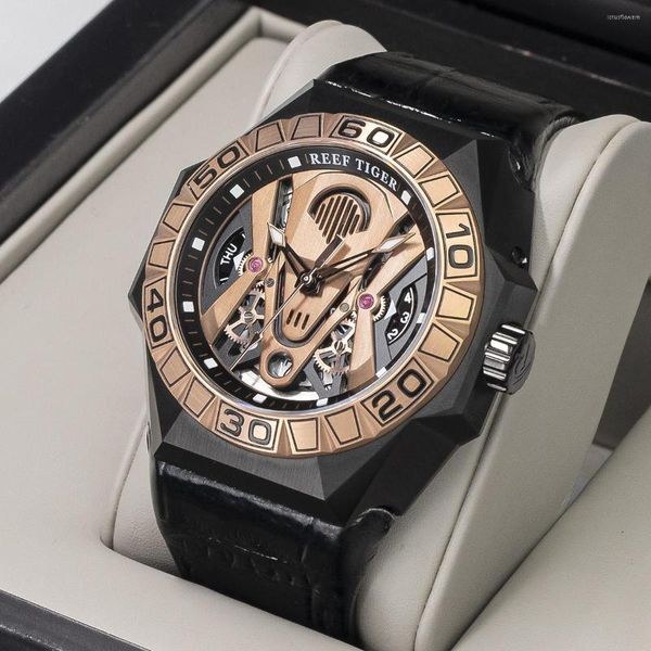 Orologi da polso Reef Tiger/RT Orologi sportivi da uomo Orologio meccanico automatico con scheletro Cinturino in pelle impermeabile in oro rosa Relogio Masculino